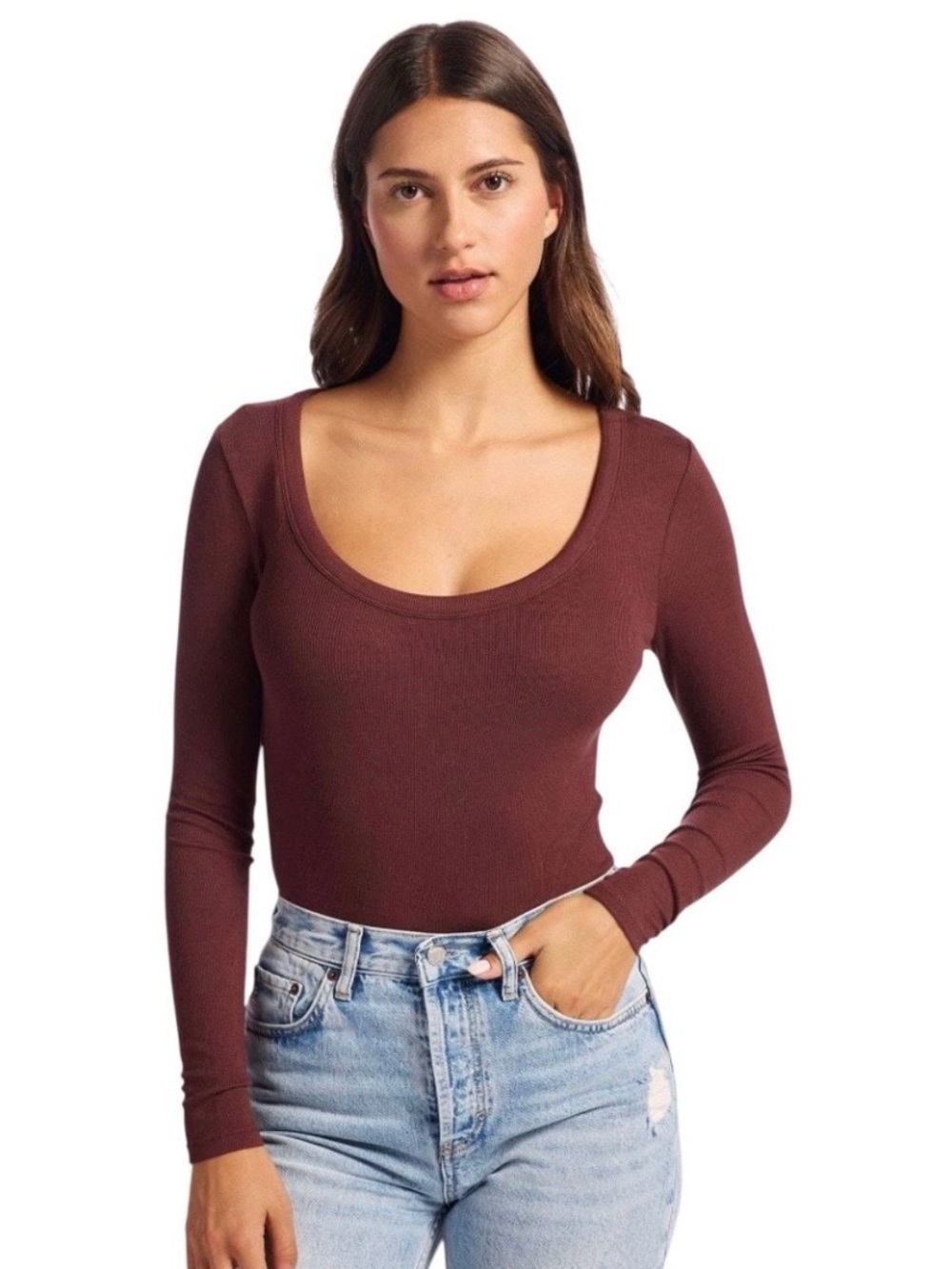 nuuds Slinky Rib Scoop Neck Long Sleeve Bodysuit in Black Cherry
